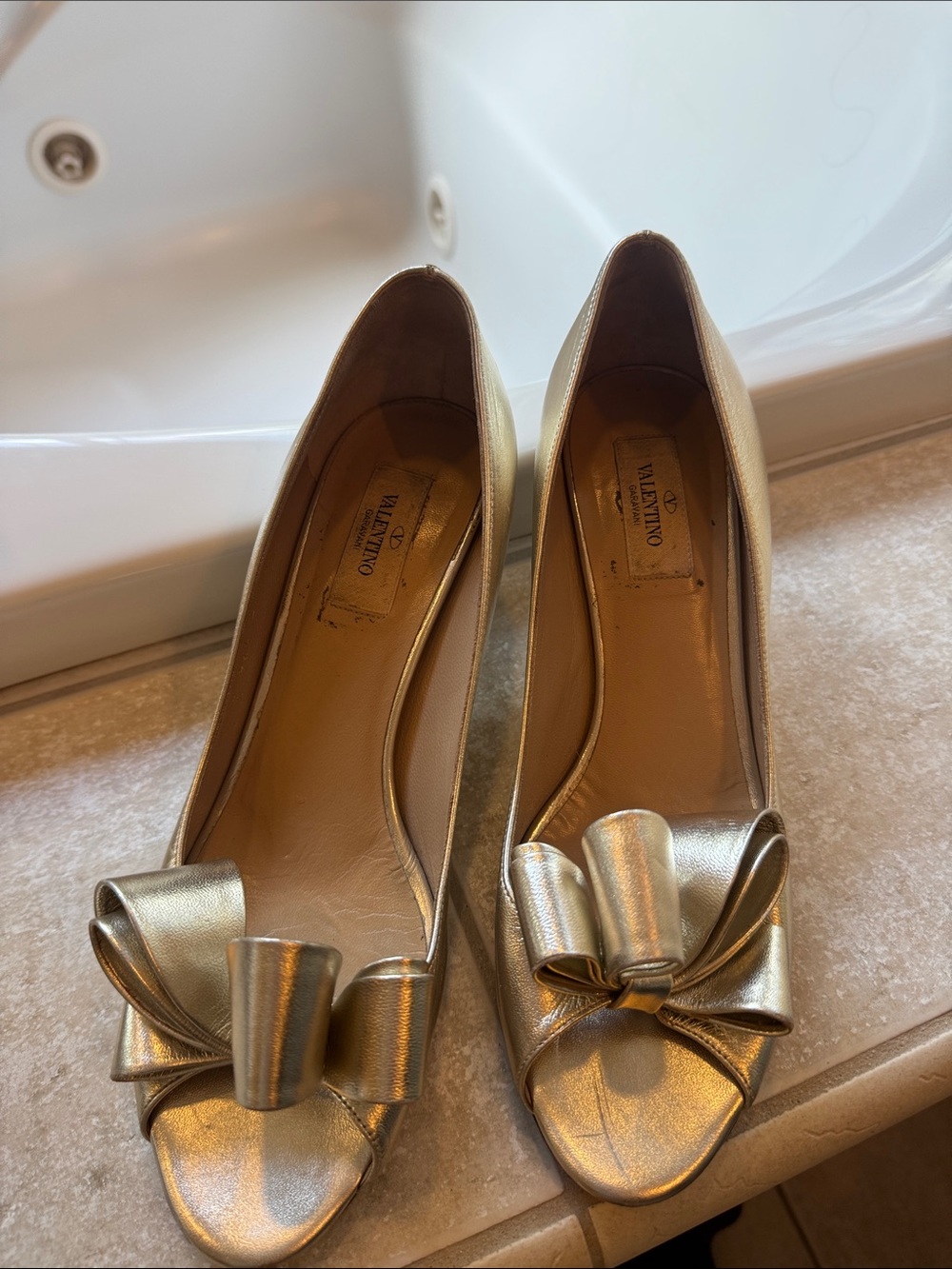 Valentino Gold Metallic Peep-Toe Bow Pumps